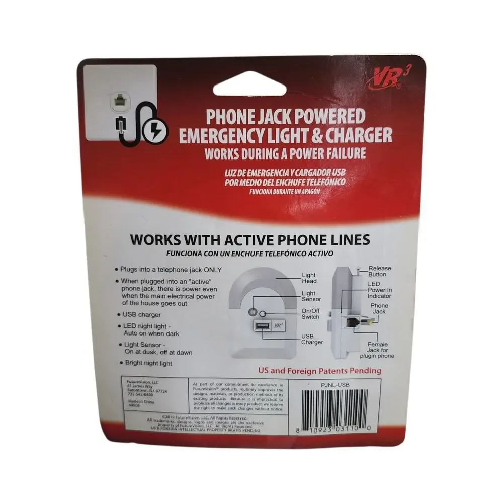 VR3 Phone Jack Emergency LED Light USB Charger Power Outage Active Line NIB
